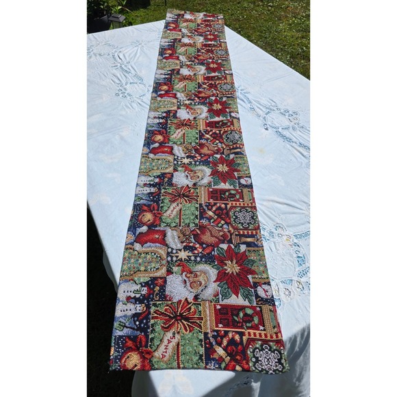 Christmas Table Runner Santa Poinsettia Holiday Decor Tapestry Centerpiece - Picture 1 of 7